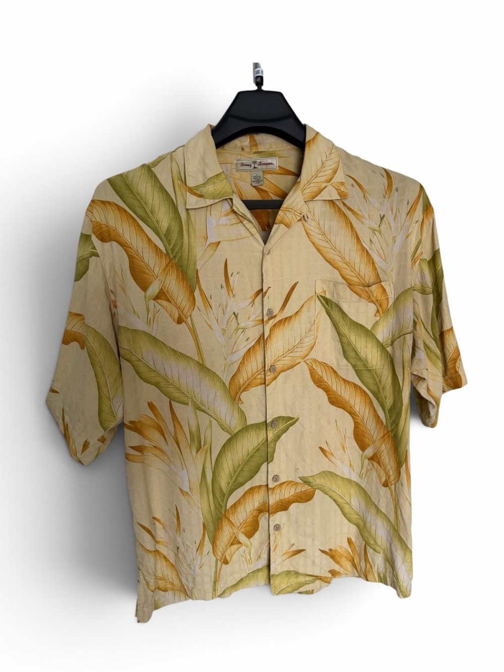 Tommy Bahama Mens Hawaiian Shirt Sz Large Yellow Green Orange Leaf  100% Silk
